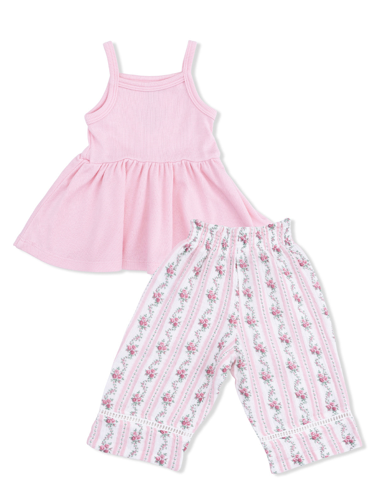 Pink sleeveless dress and floral print pants set for kids, featuring a playful and stylish design.