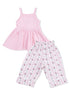 Pink sleeveless dress and floral print pants set for kids, featuring a playful and stylish design.