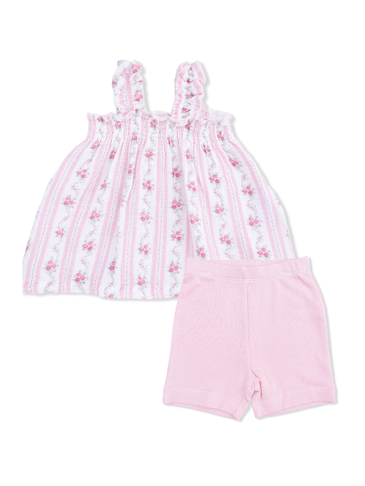 Pink floral sleeveless top with ruffled straps and matching pink shorts for girls.