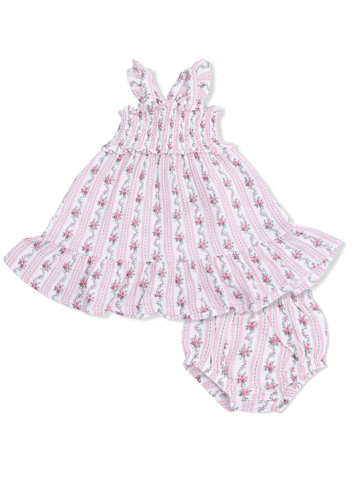 Pink floral dress with ruffled straps and matching bloomers on a white background. Perfect for summer outings.