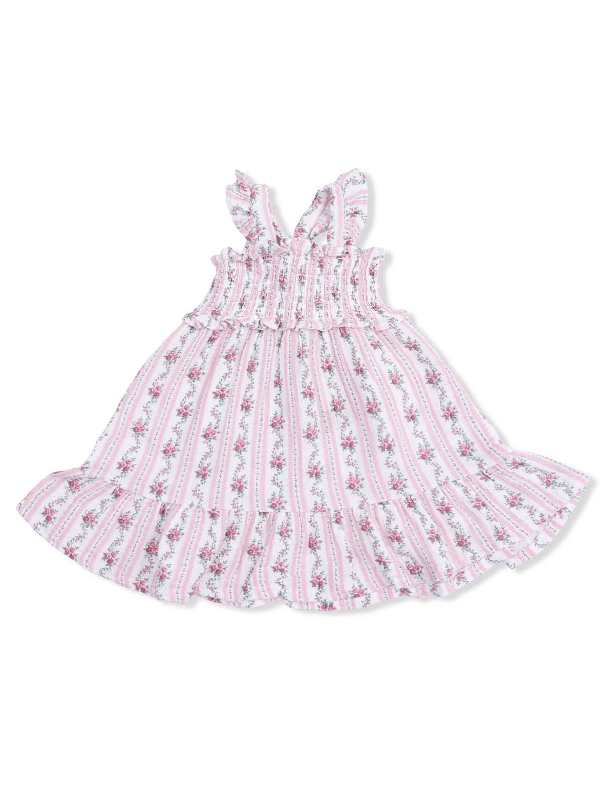 Floral-patterned girls' dress with ruffled straps and a flared skirt in pink and white. Perfect for summer wear.