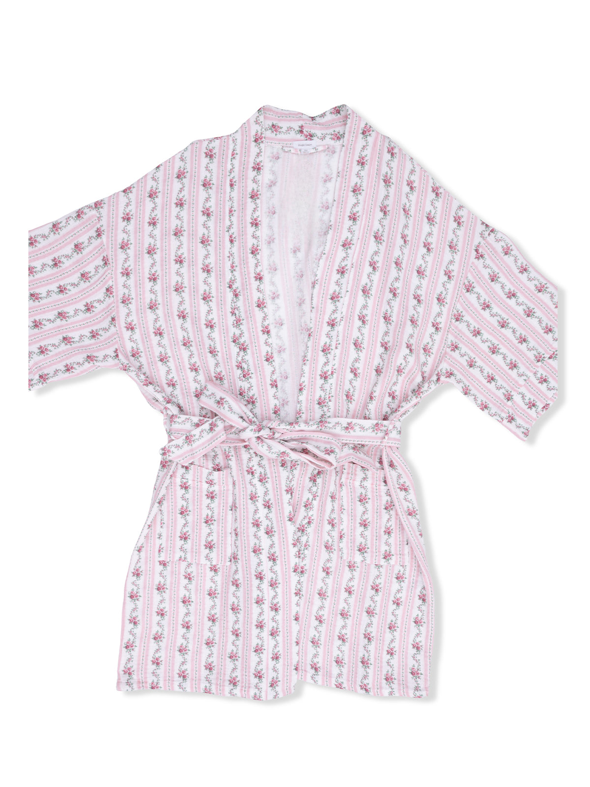 Floral-patterned pink and white robe with a tie closure and wide sleeves, laid flat on a white background.