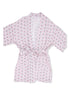 Floral-patterned pink and white robe with a tie closure and wide sleeves, laid flat on a white background.