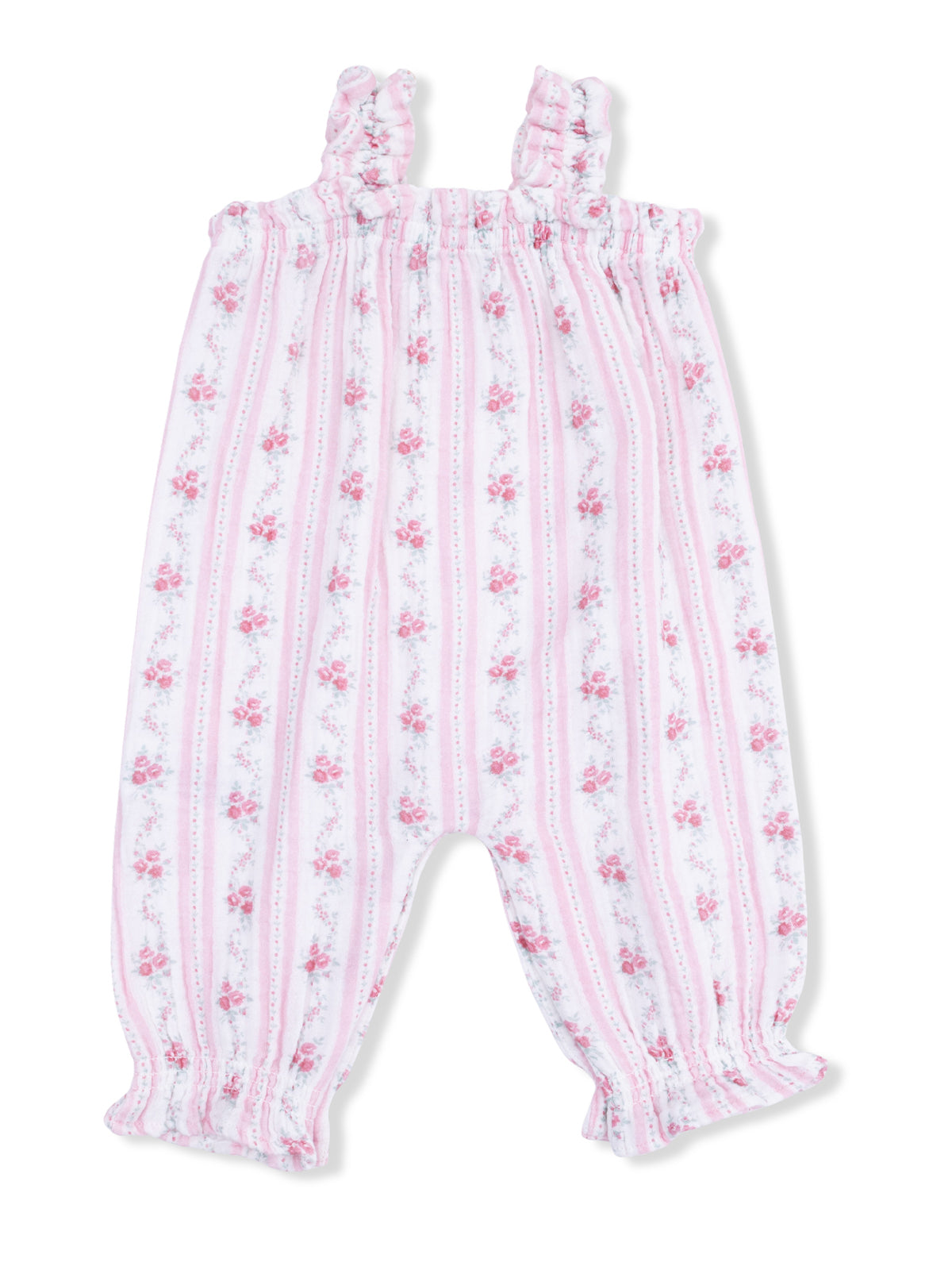 Pink floral baby jumpsuit with ruffled straps and striped design, ideal for spring or summer wear.