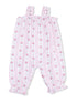 Pink floral baby jumpsuit with ruffled straps and striped design, ideal for spring or summer wear.