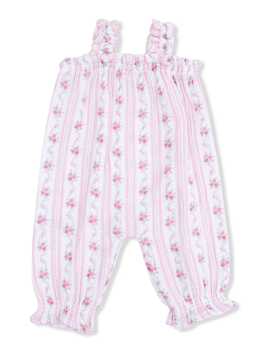 Pink floral baby jumpsuit with ruffled straps and striped design, ideal for spring or summer wear.