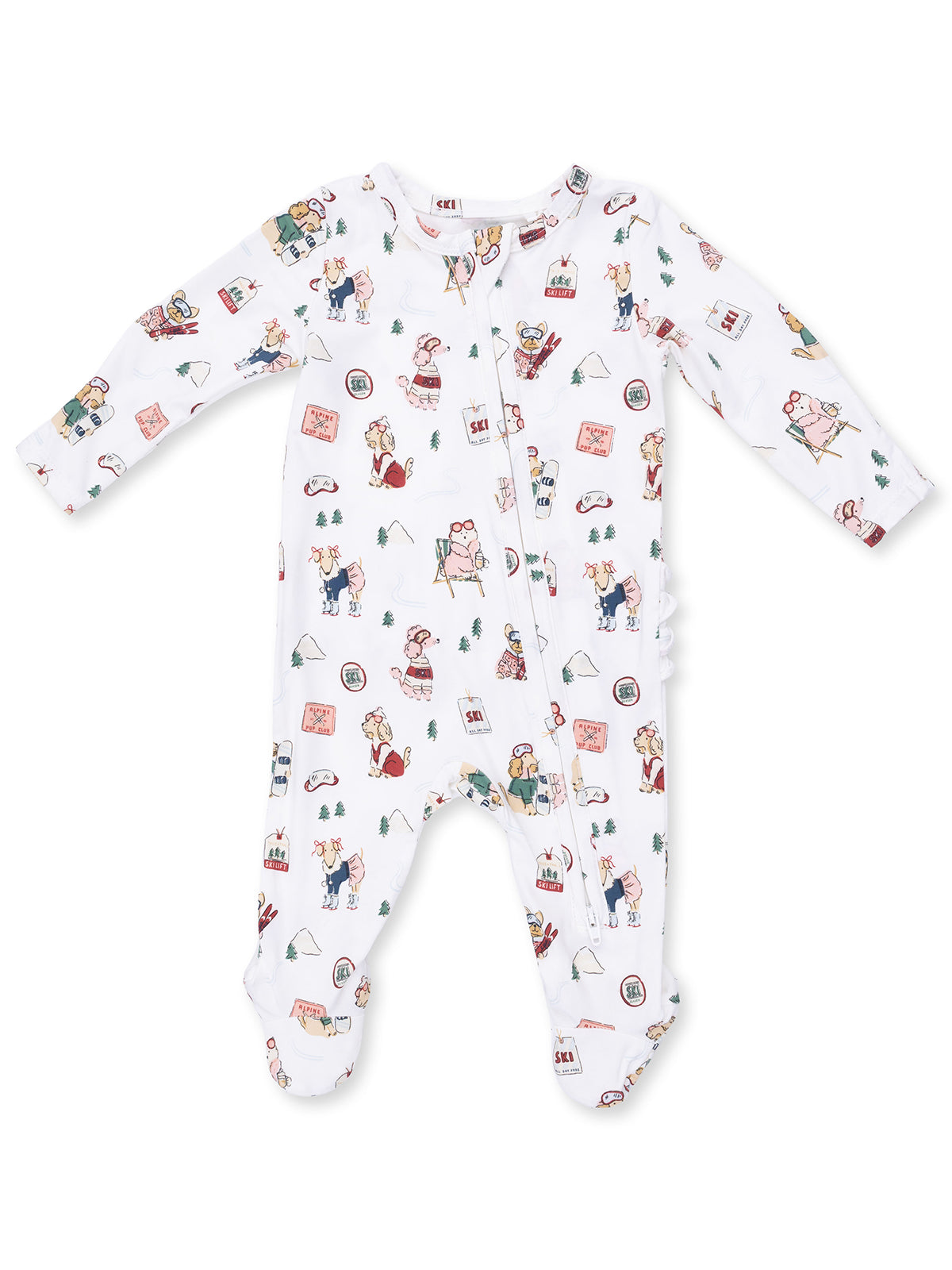 2-Way Zip Ruffle Footie, Winter Sports Dogs Pink
