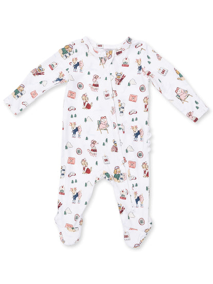 2-Way Zip Ruffle Footie, Winter Sports Dogs Pink