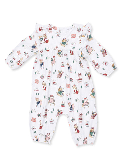 Ruffle Sleeve Romper, Winter Sports Dogs Pink