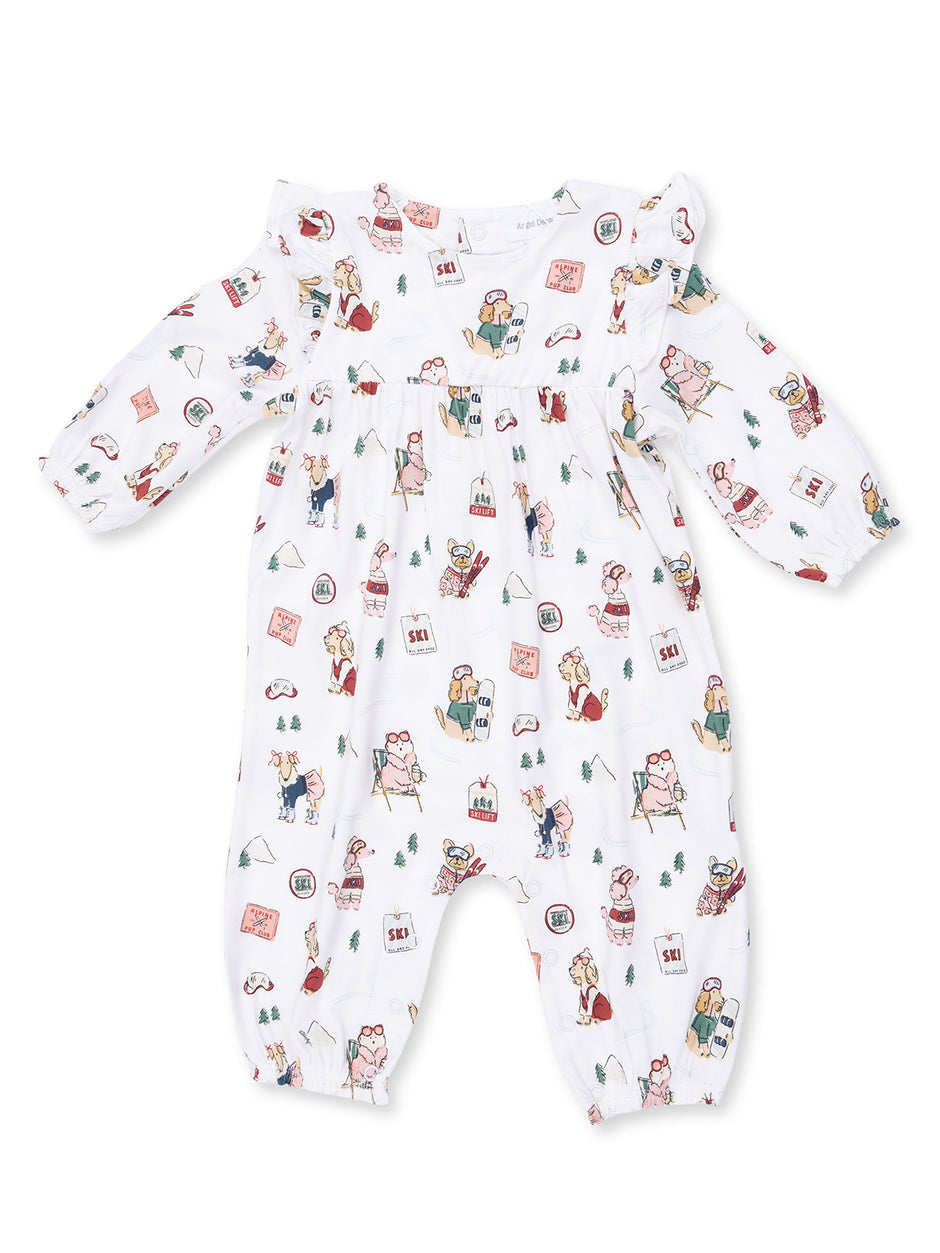 White infant romper featuring playful animal illustrations and a cozy design, perfect for casual outings.