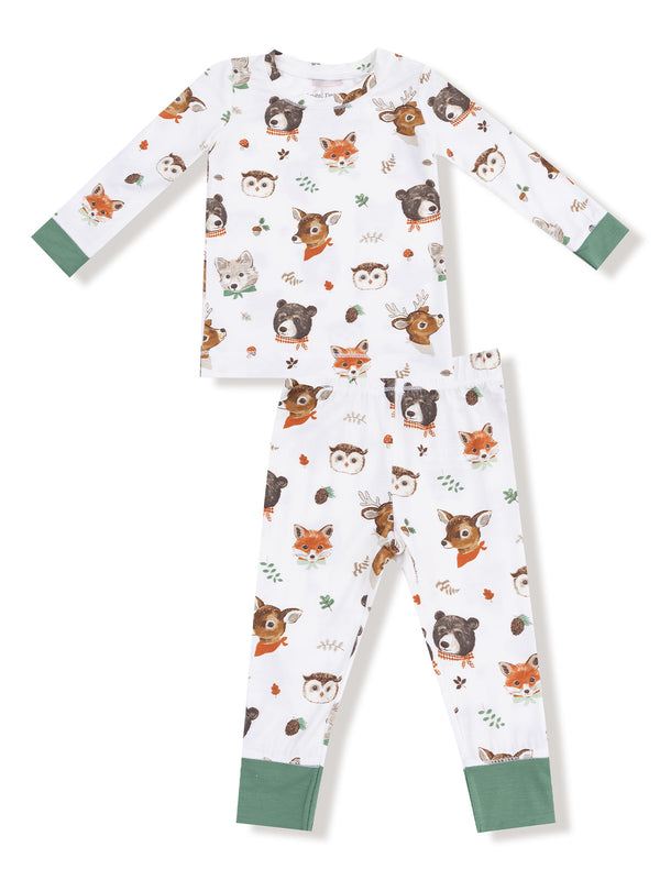Kids' pajama set featuring animal prints of bears, foxes, and owls on a white background with green cuffs.