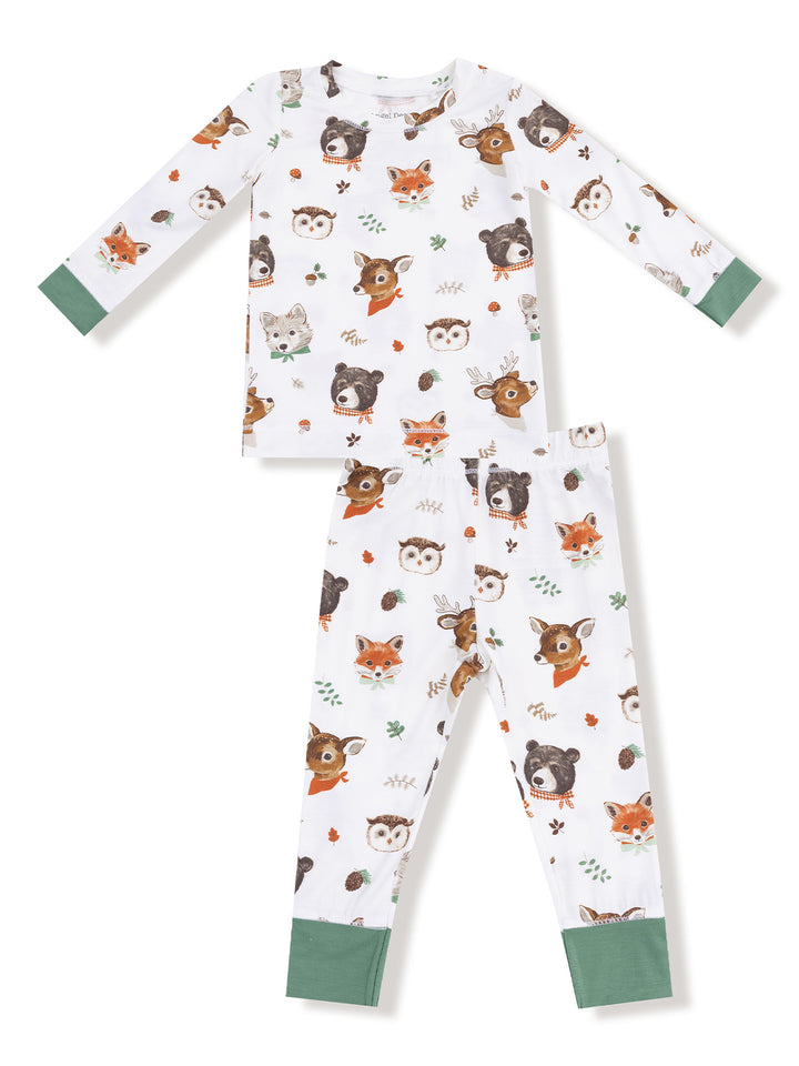 Kids' pajama set featuring animal prints of bears, foxes, and owls on a white background with green cuffs.