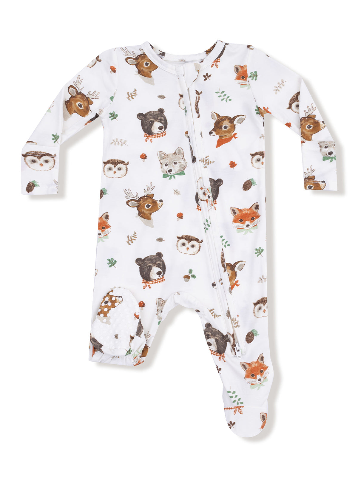 Infant zip-up onesie featuring whimsical animal print with bears, foxes, and owls on a white background.