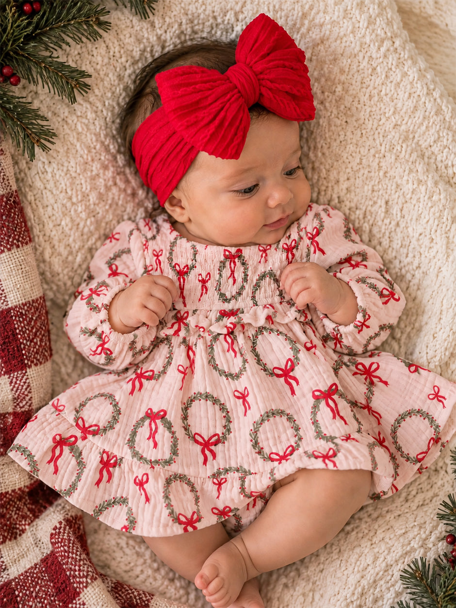 Smocked Ruffle Tiered Dress & Bloomer, Pink Wreath