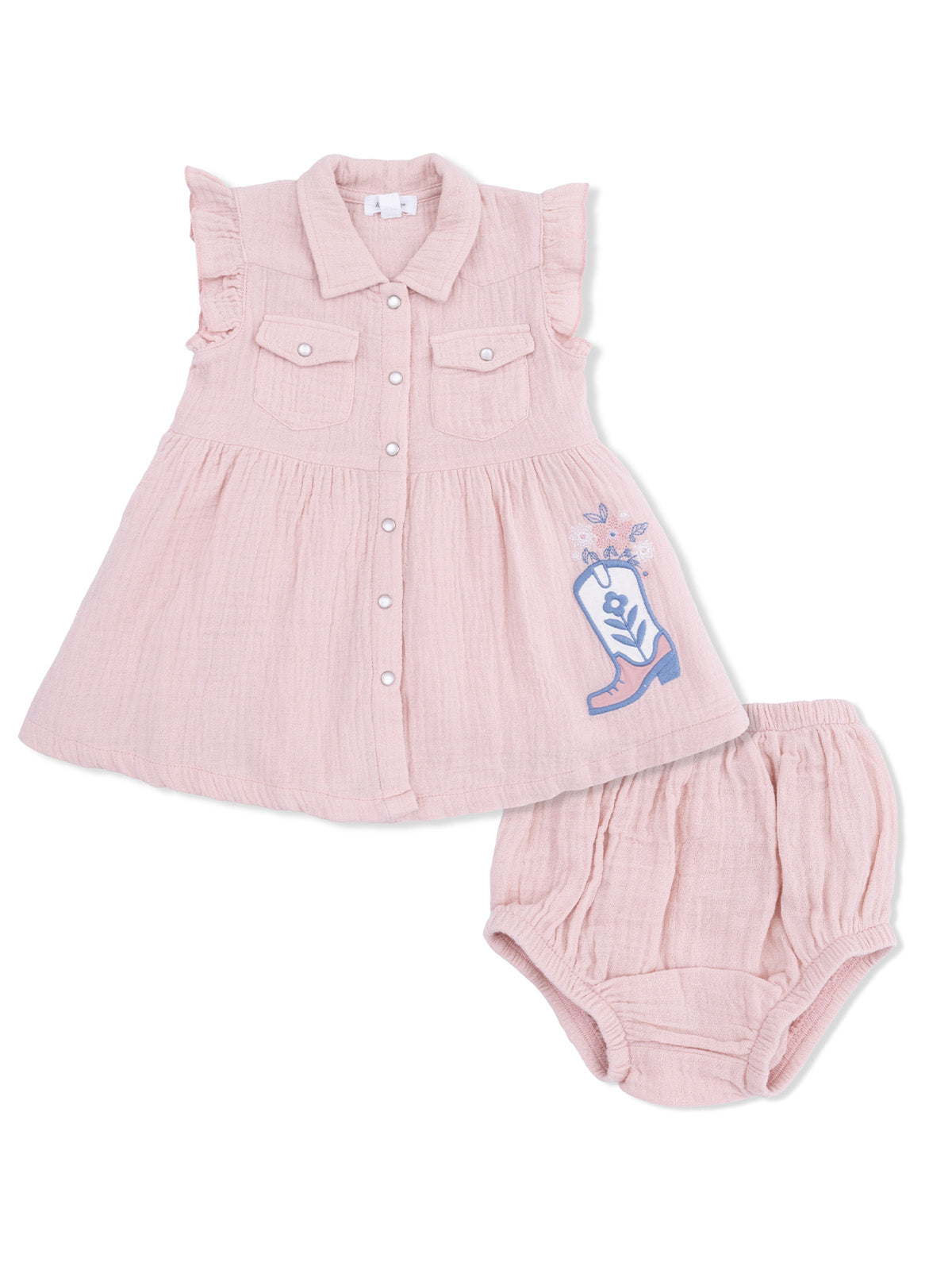 Pink girl’s dress with ruffled sleeves and matching bloomers, featuring a cowboy boot design.
