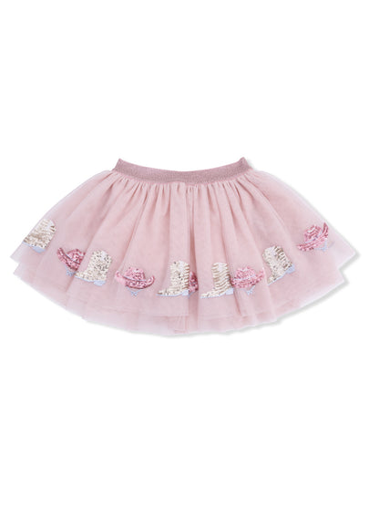 Pink tulle skirt with sequin cowboy boots and roses, featuring a soft elastic waistband.