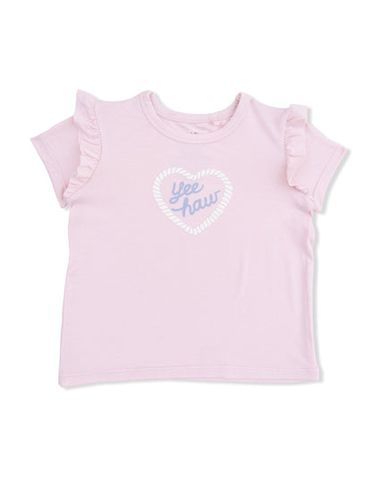 Light pink ruffle-sleeve t-shirt featuring a heart design with the text "Yee Haw" in blue.