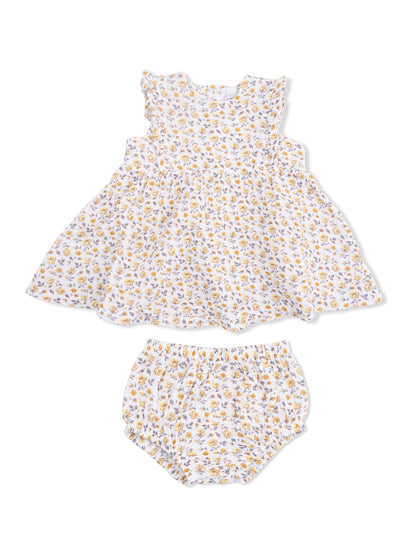 Floral baby dress set featuring a sleeveless dress and matching bloomer shorts. Ideal for warm weather.
