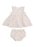 Floral baby dress set featuring a sleeveless dress and matching bloomer shorts. Ideal for warm weather.