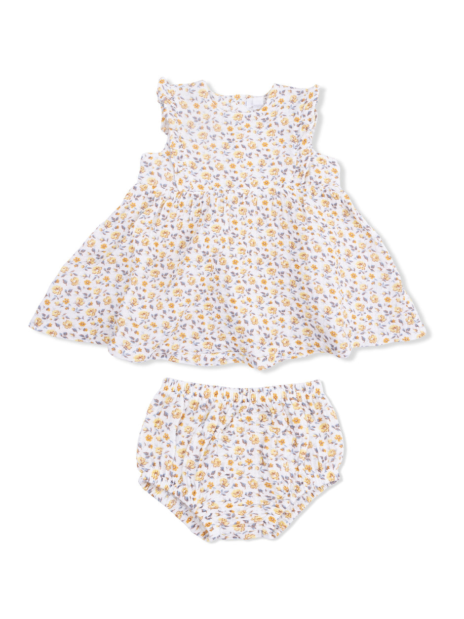 Floral baby dress set featuring a sleeveless dress and matching bloomer shorts. Ideal for warm weather.