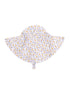 White sun hat with yellow floral pattern, wide brim, and tie at the back for secure fit.