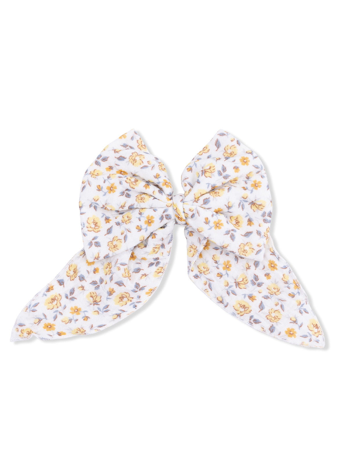 White floral hair bow with yellow and lavender flowers, tied in a large bow shape.