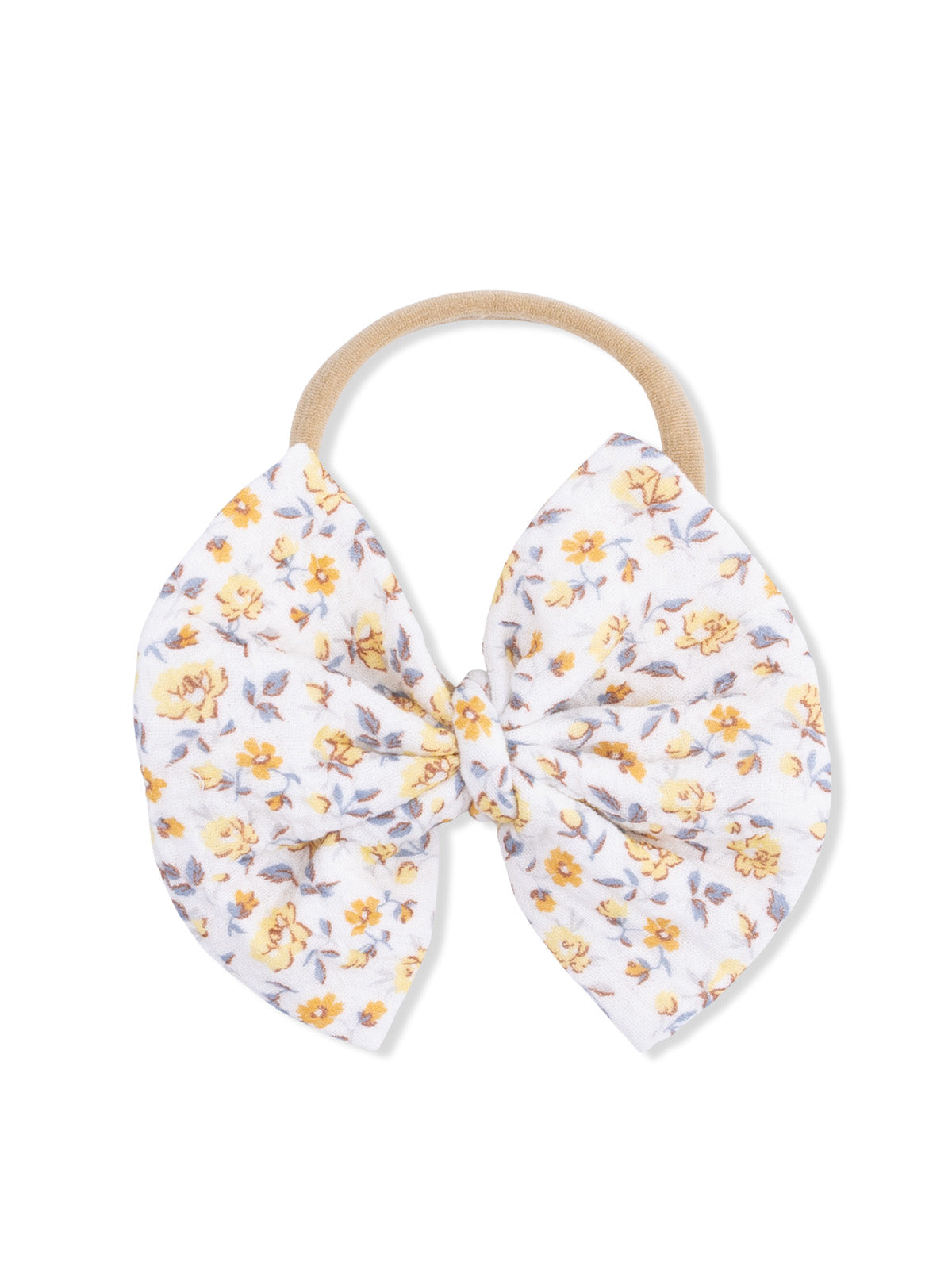 Floral fabric hair bow on a beige elastic band, featuring yellow flowers on a white background.