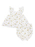 White floral baby dress set with ruffled sleeves and matching bloomers. Perfect for warm weather outfits.