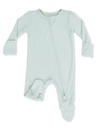 Light green zip-up baby onesie with long sleeves and polka dot foot grips. Ideal for sleep and play.
