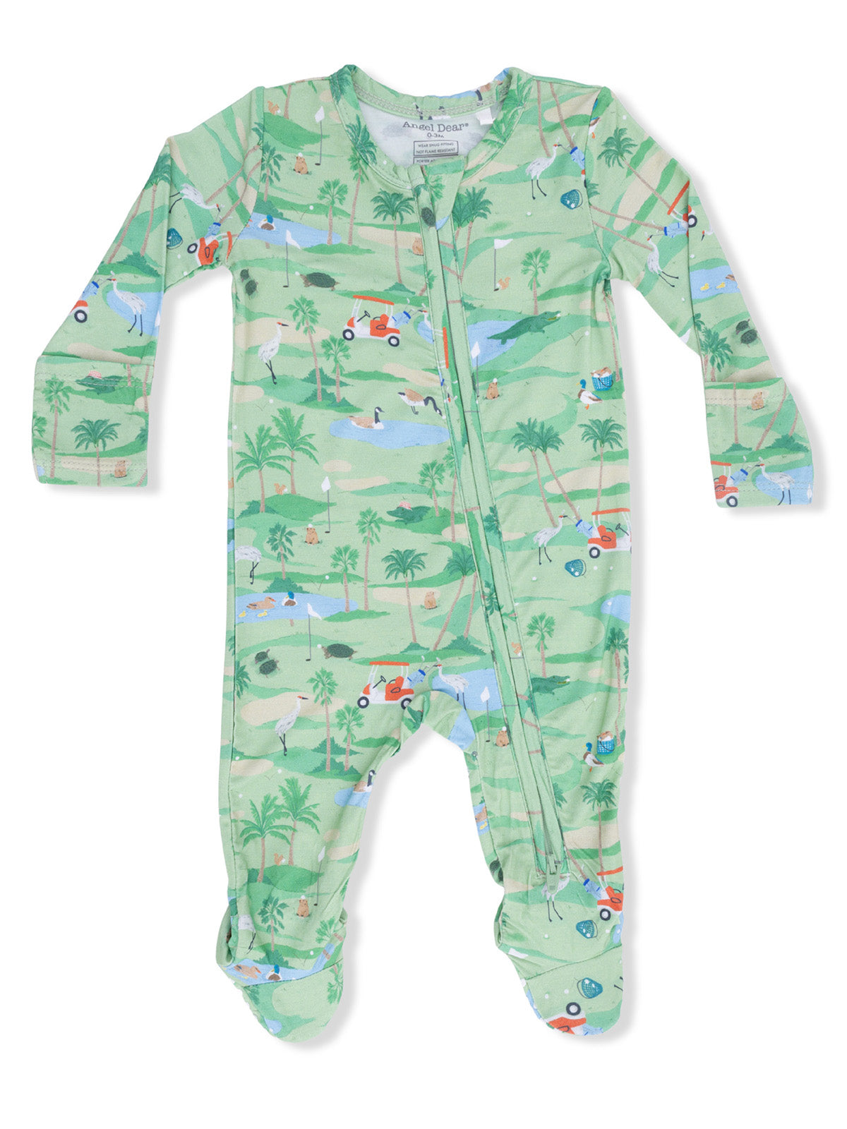 Green baby onesie featuring playful outdoor patterns with animals, palm trees, and vintage cars.