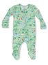 Green baby onesie featuring playful outdoor patterns with animals, palm trees, and vintage cars.