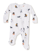 White baby onesie featuring playful dog illustrations and a zipper closure.