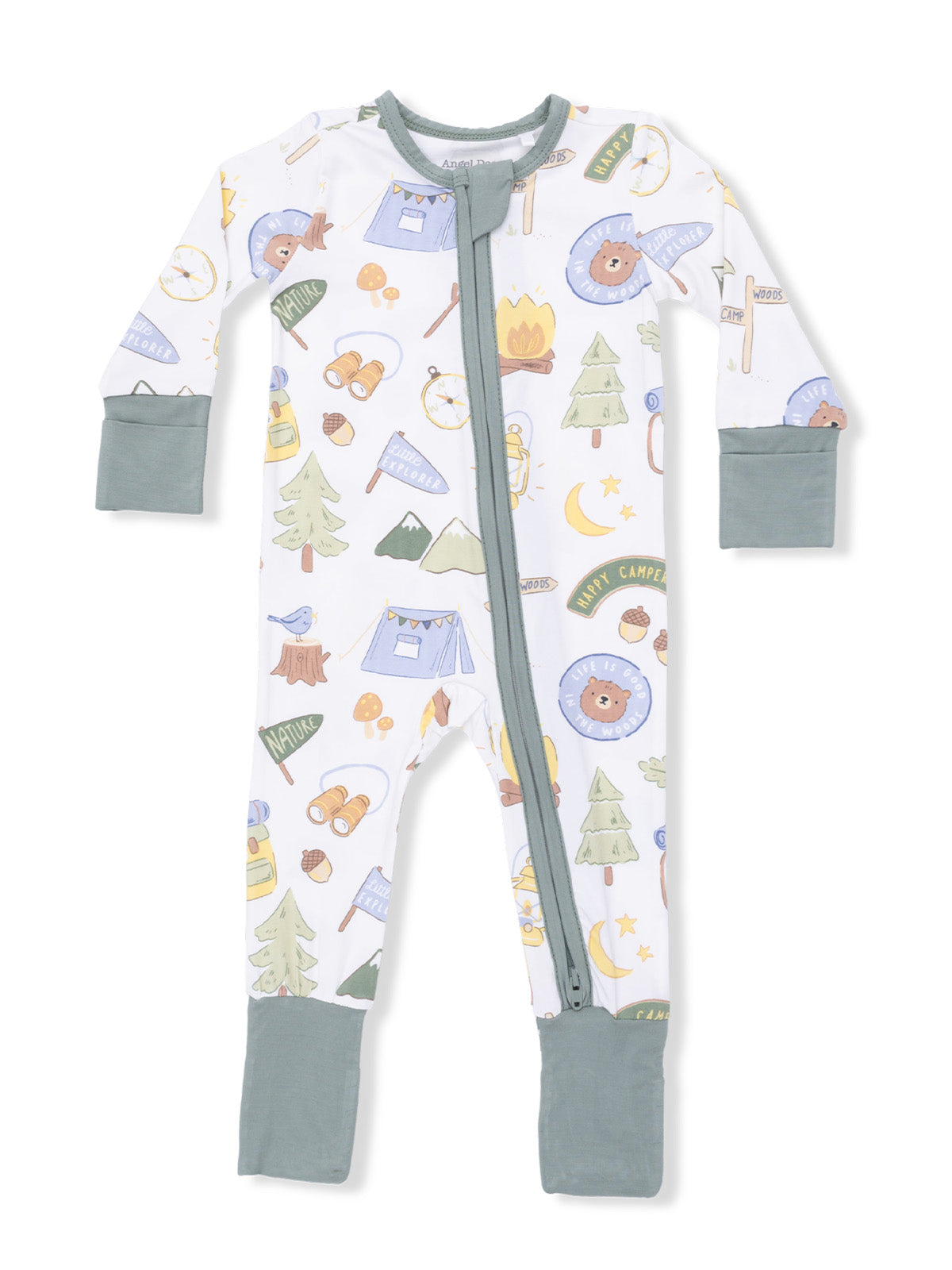 Children's camp-themed onesie with woodland prints, featuring bears, tents, and camping gear. Zipper front for easy wear.