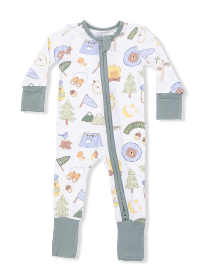 Children's camp-themed onesie with woodland prints, featuring bears, tents, and camping gear. Zipper front for easy wear.