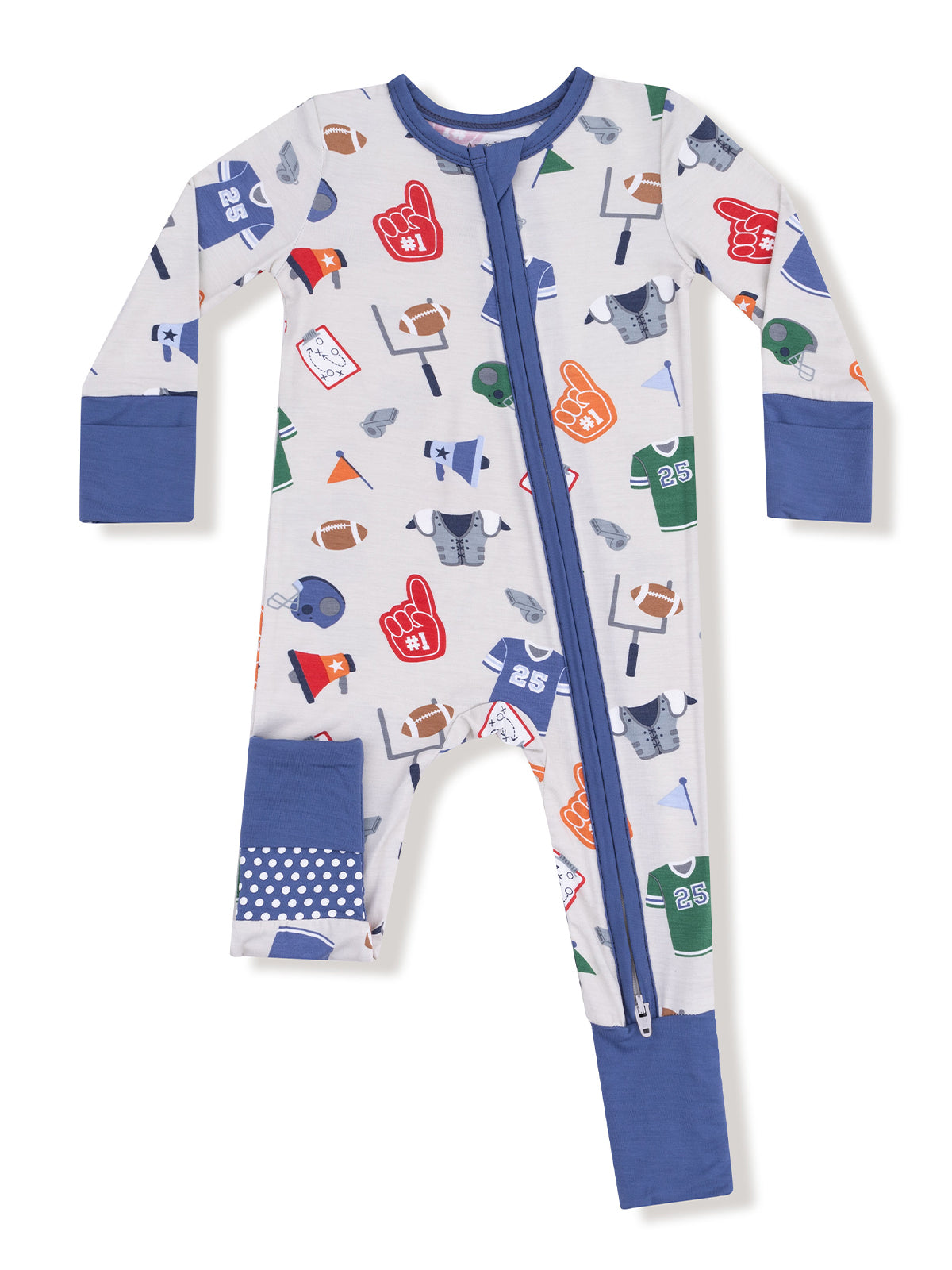 Children's sporty onesie featuring colorful sports-themed graphics and front zipper, ideal for play and sleep.