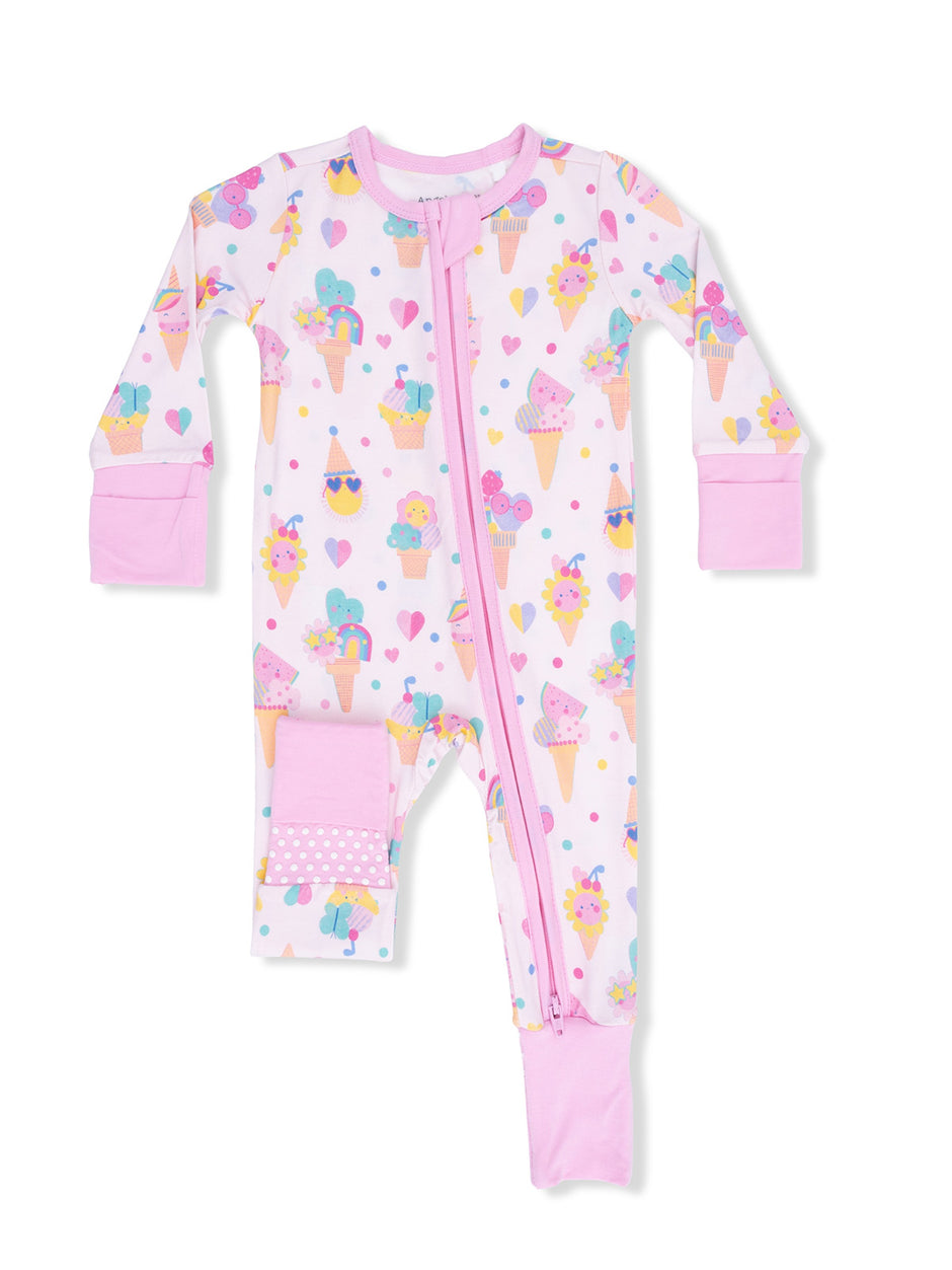 Pink children's onesie with ice cream and cupcake patterns, featuring a full front zipper and long sleeves.