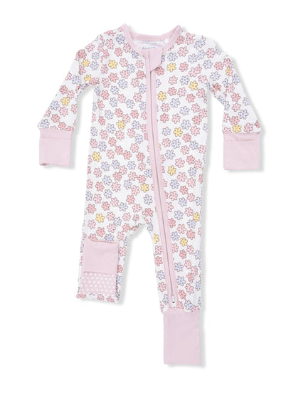 Pink baby onesie covered in colorful flowers with long sleeves and a front zipper.