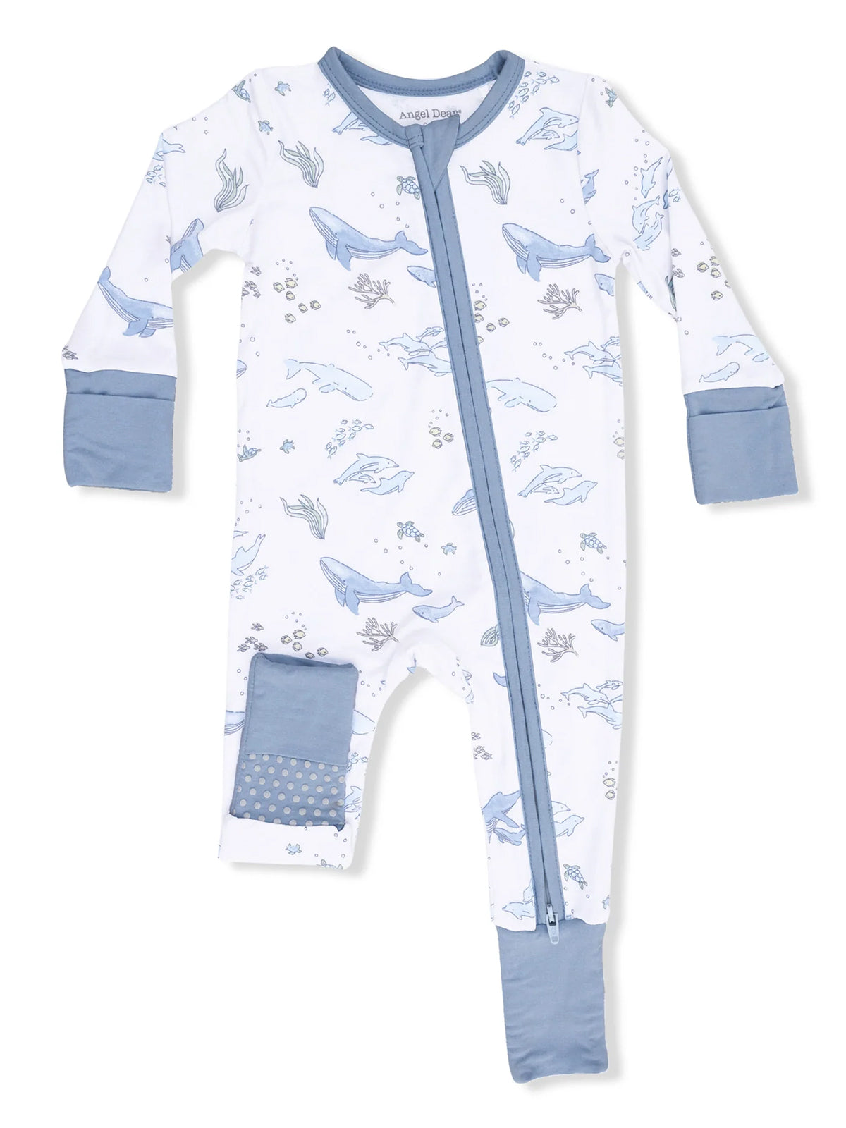 Children's pajama romper with blue whale and underwater print, featuring a front zip and gray accents.