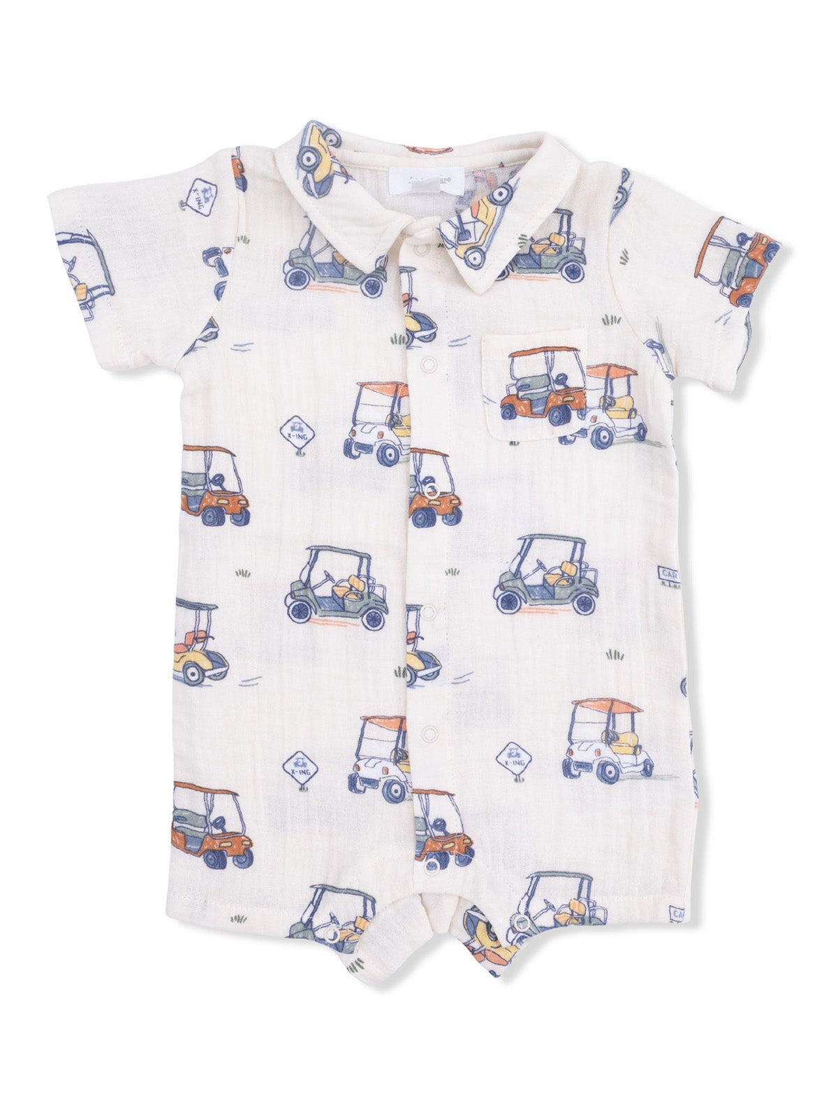 Light-colored baby romper with golf cart prints and short sleeves, featuring a collar and button closure.