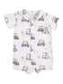 Light-colored baby romper with golf cart prints and short sleeves, featuring a collar and button closure.