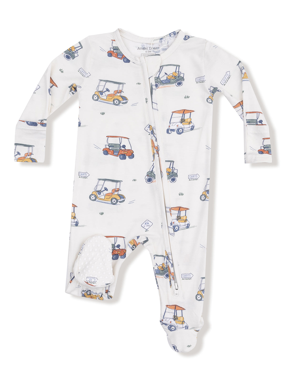White baby onesie with colorful golf cart prints and zipper closure. Ideal for playful and comfortable wear.