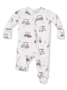 White baby onesie with colorful golf cart prints and zipper closure. Ideal for playful and comfortable wear.