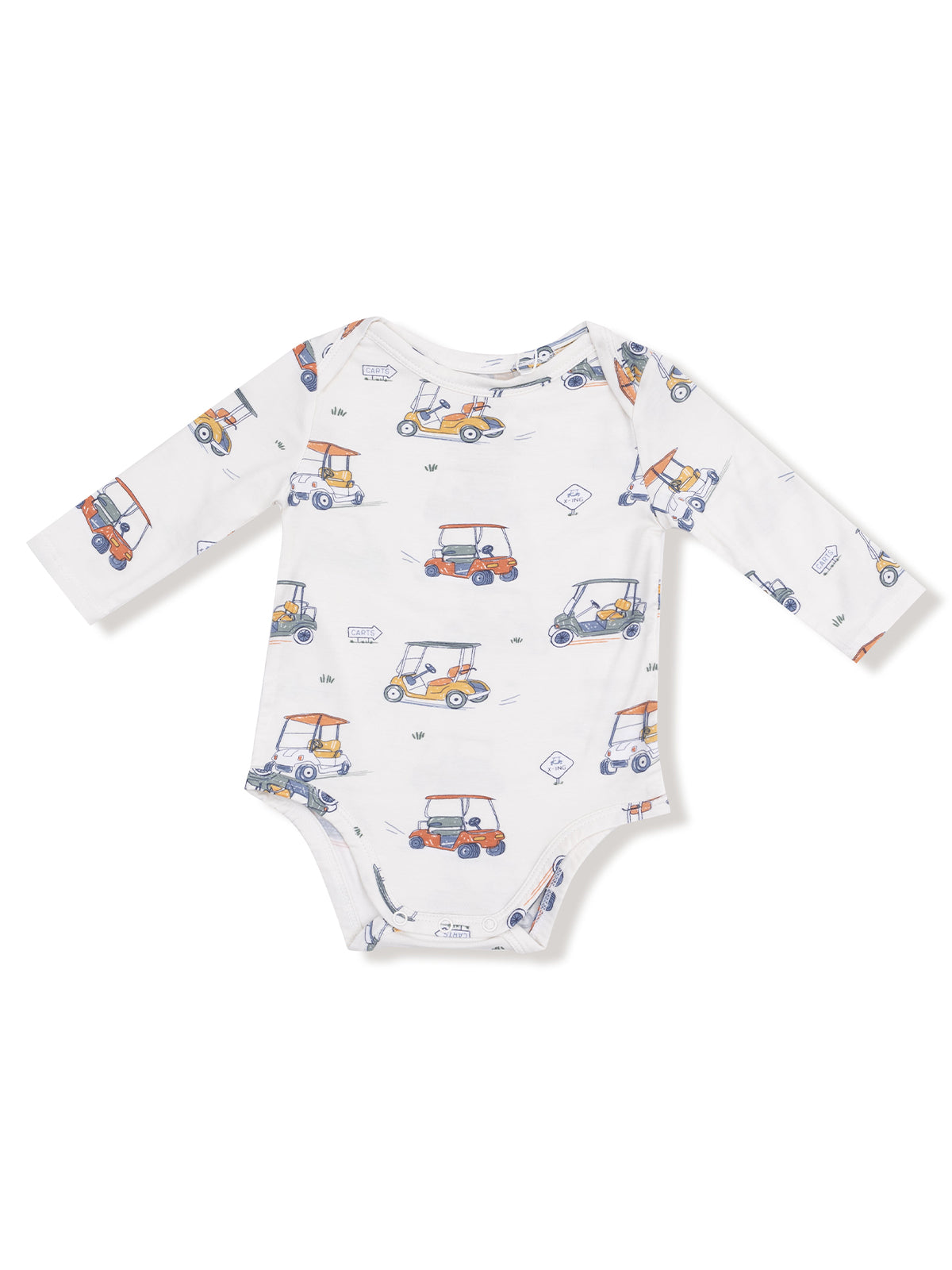 White baby onesie with colorful golf cart prints and long sleeves. Ideal for casual wear.