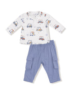 Toddler outfit with white shirt featuring vehicle prints and blue cargo pants.