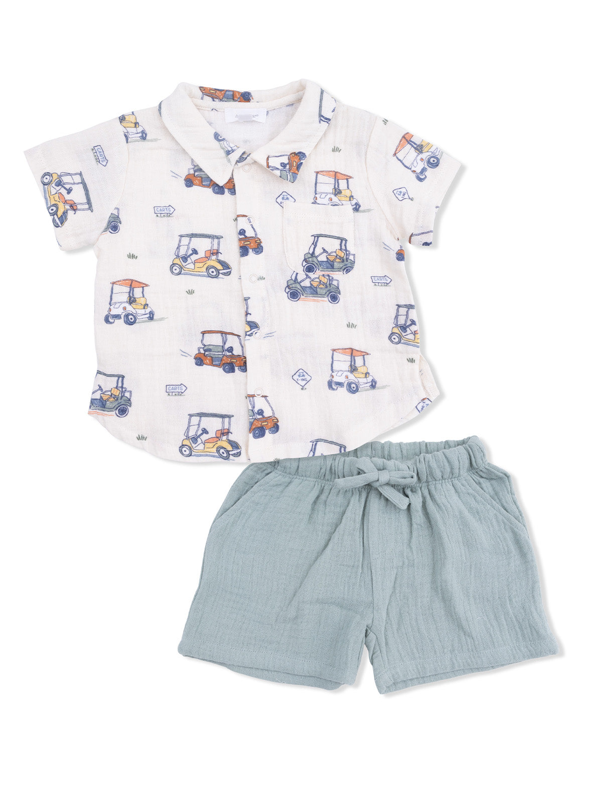 Children's short-sleeve shirt with car print and matching light blue shorts, perfect for warm weather.