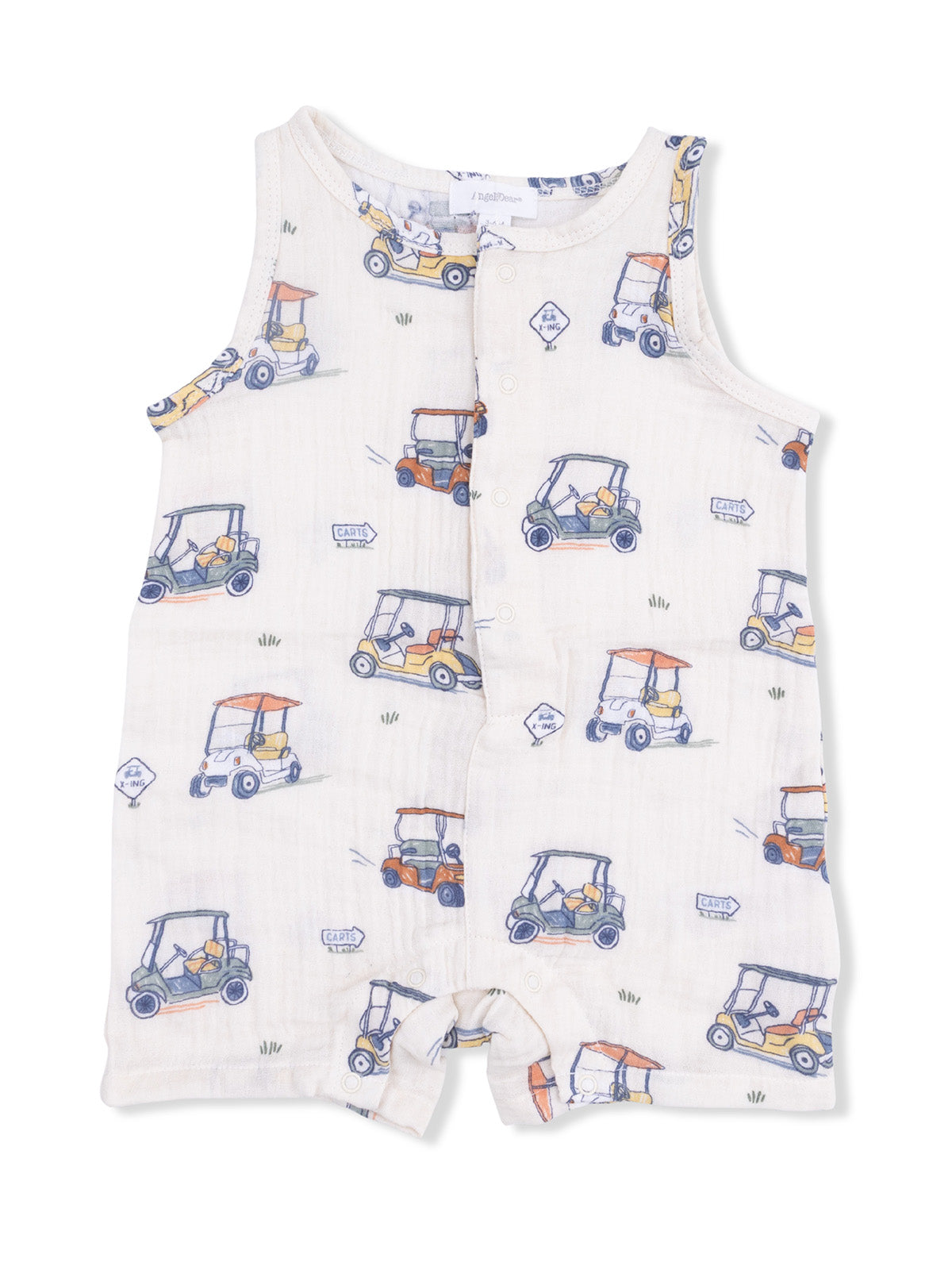 Lightweight baby romper featuring a fun golf cart pattern and snap buttons, perfect for warm weather play.