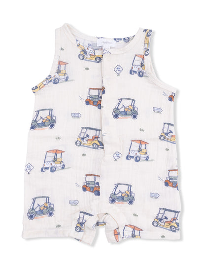 Lightweight baby romper featuring a fun golf cart pattern and snap buttons, perfect for warm weather play.