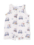 Lightweight baby romper featuring a fun golf cart pattern and snap buttons, perfect for warm weather play.