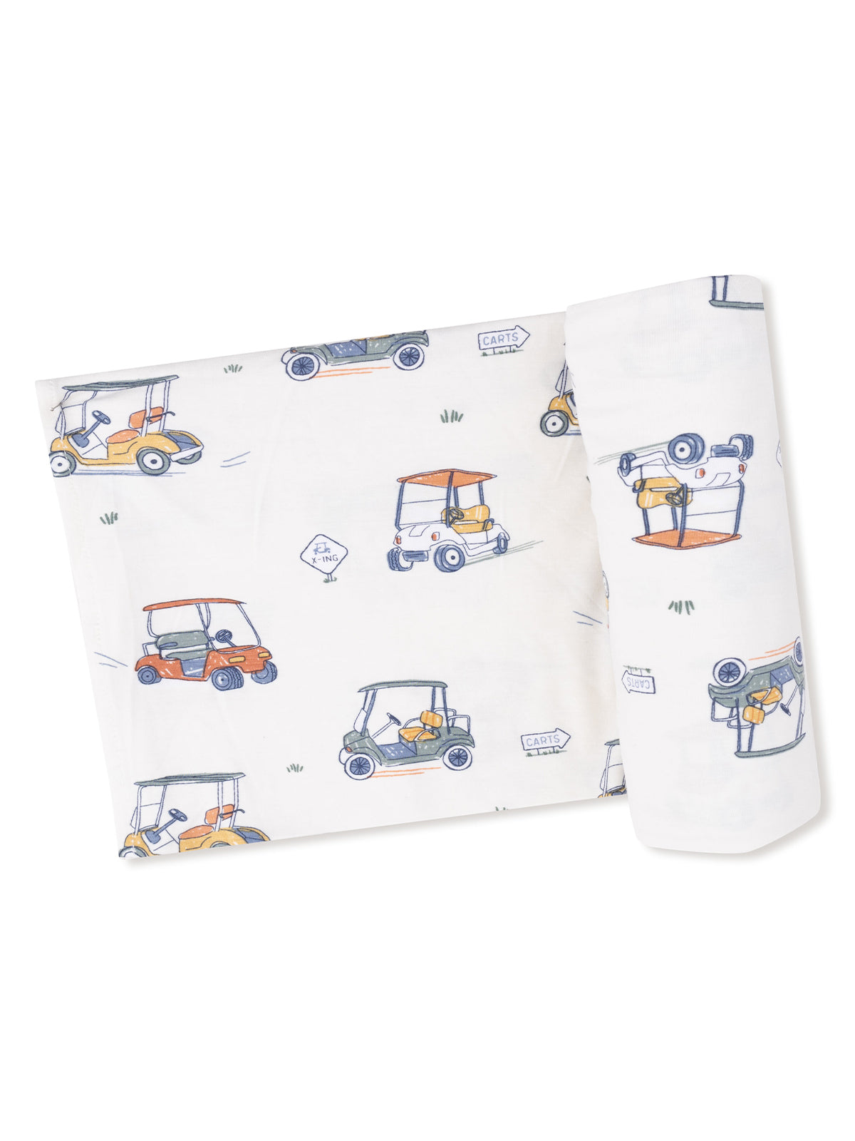 Golf cart patterned tablecloth featuring assorted colorful golf carts on a light background.