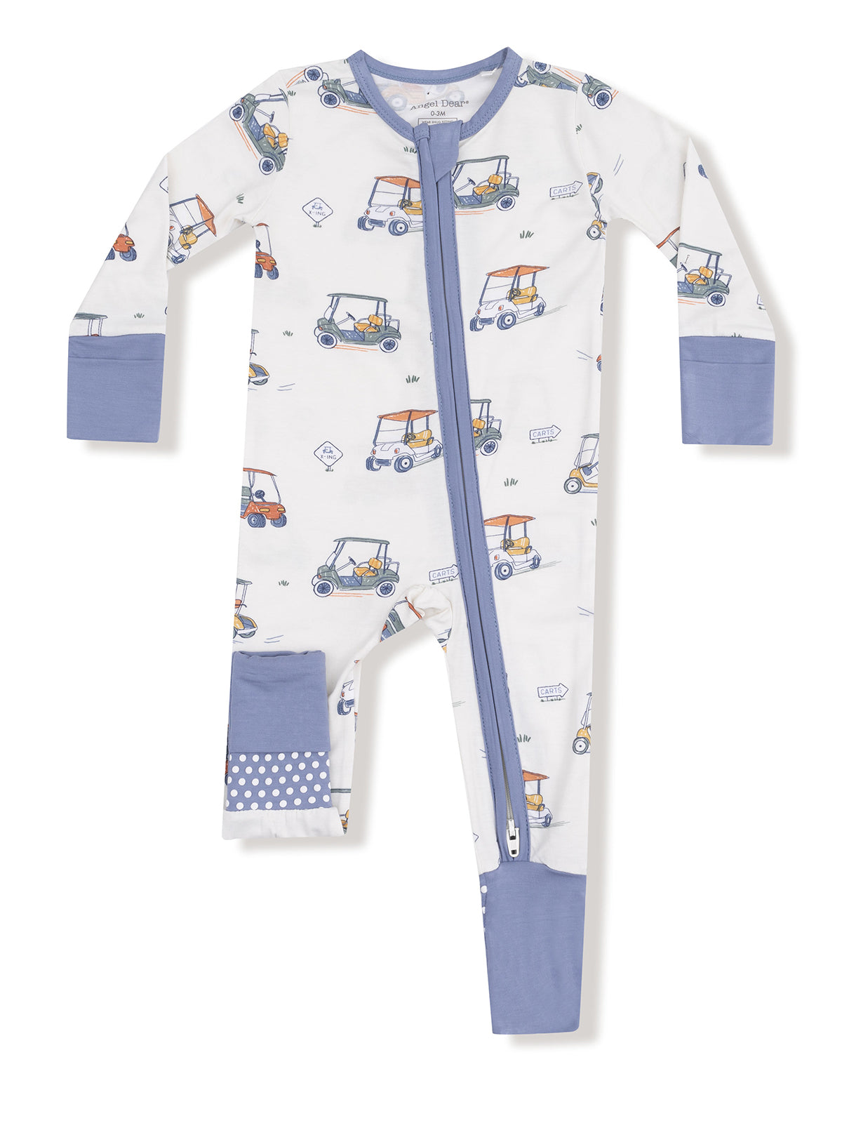 White baby onesie with blue sleeves, featuring a playful golf cart pattern and a front zipper.